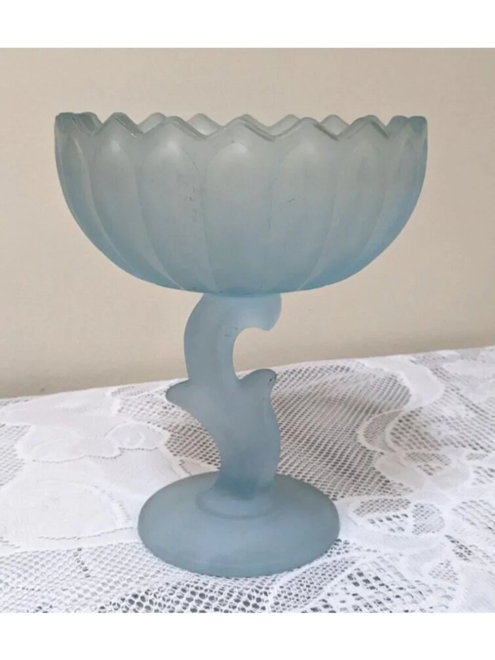 Indiana Glass Compote Frosted Satin Blue Lotus Blossom Pedestal Bowl 7.5